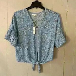 Max Studio Wmn's Blue Floral Short Sleeve  Blouse Boho Breezy Size Small